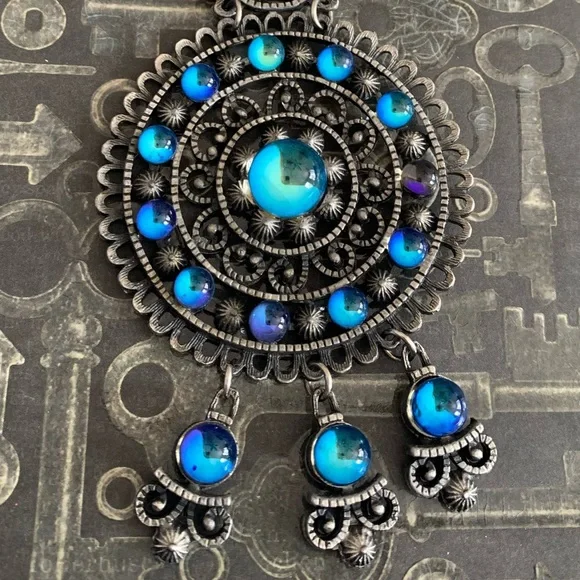Estate Blue Purple Glass Beaded Medallion Necklace Jewelry Moroccan Boho Hippie - Picture 4 of 10
